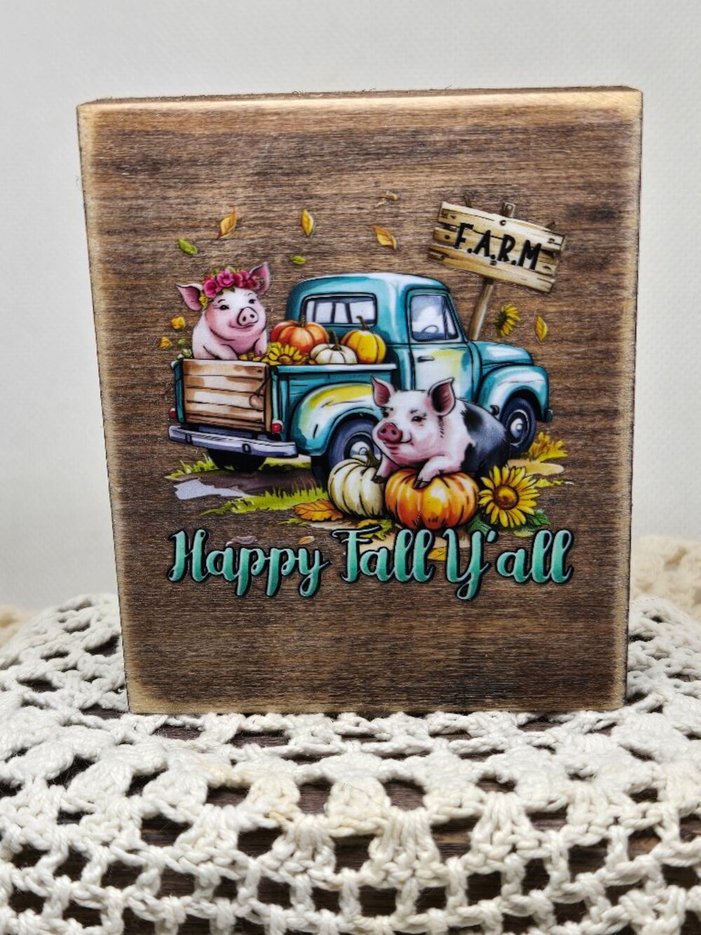 Handcrafted Decor, Mini Wood Sign, Vintage Truck With Pigs "Happy Fall Y'all"